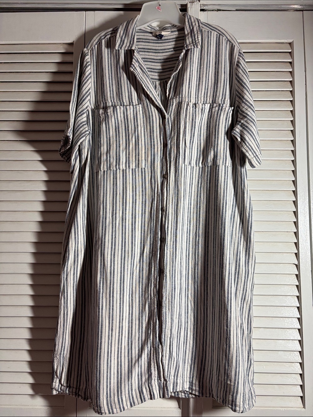 Striped Short-Sleeve Button-Down Shirt Dress -White & Blue